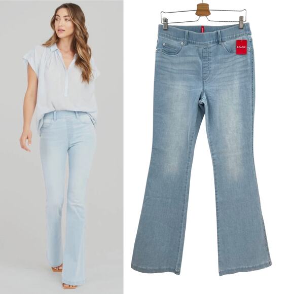 Spanx Flare Jeans Stretch Pull-On Denim Retro Light Wash Blue Size Large - Picture 1 of 14